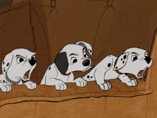 three dalmatian puppies are peeking over a couch