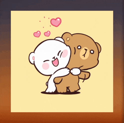 a cartoon of two teddy bears hugging each other with hearts flying around them