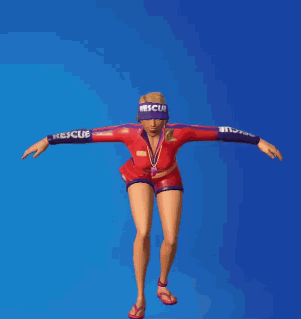 a woman in a red rescue outfit is standing with her arms outstretched