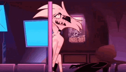 angel dust from helluva boss is standing on a pole in a room .