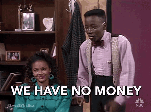 a man and a woman are standing next to each other and the man says we have no money .