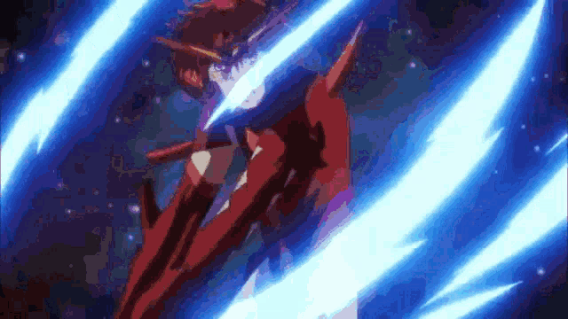 a person in a red suit is being attacked by a blue lightning bolt .