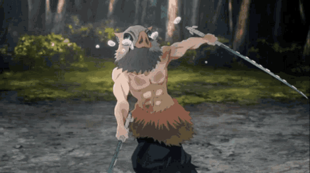 a man with a beard is holding a sword in a forest