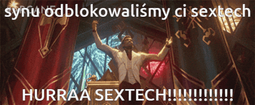 a man stands in front of a podium with his arms outstretched and the words hurraa sextech on the bottom