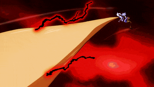 a cartoon drawing of a person standing on a cliff with a red background