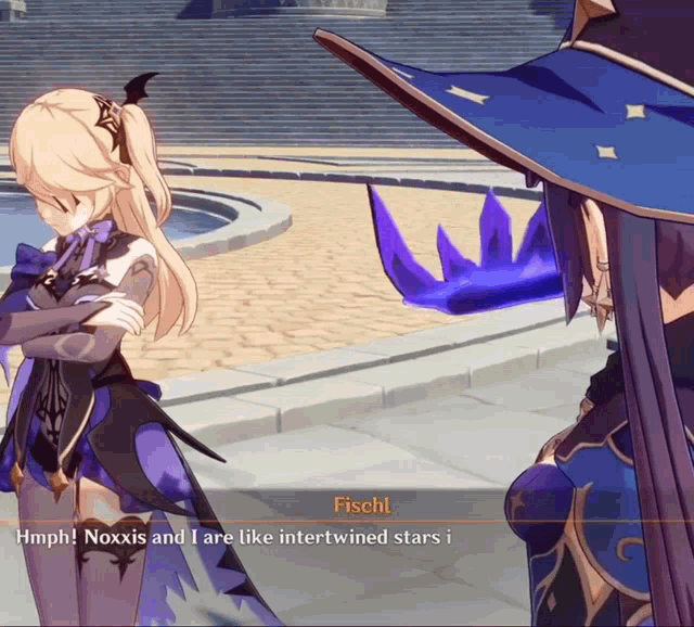 a video game character named fischt is talking to another character named noxxis