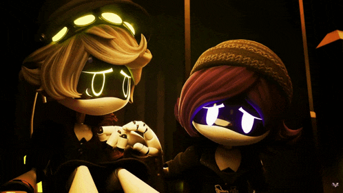 a couple of cartoon characters are standing next to each other with one wearing a hat with the letter v on it
