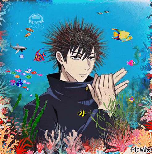 a picture of a man with a jellyfish on his head is surrounded by fish and corals