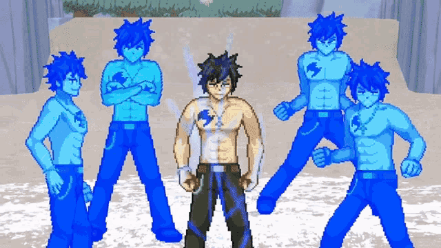 a pixel art of a man with blue hair and a fairy tail symbol on his chest