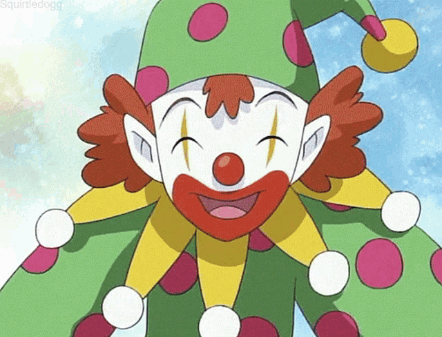 a cartoon of a clown with a red nose and a green hat