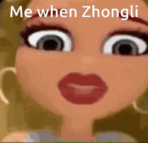 a close up of a girl 's face with the words me when zhongli below it