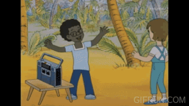 a cartoon of a boy standing next to a radio with giffun.com written on the bottom