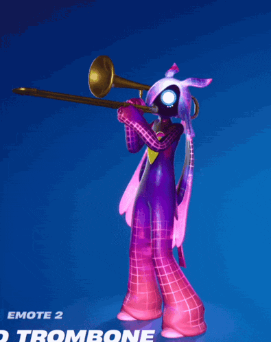 a cartoon character playing a trombone with the words emote 2 trombone below