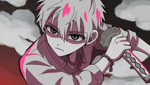 a drawing of a boy holding a sword with a pink stripe on the handle