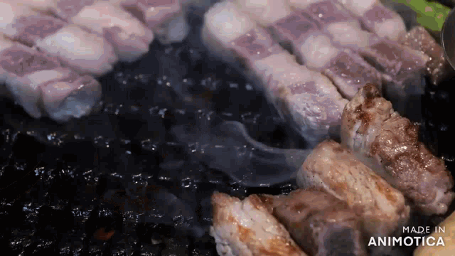 several pieces of meat are being cooked on a grill and the words made in animatica are visible