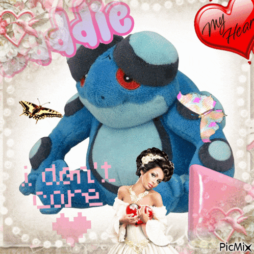 a picture of a woman holding an apple next to a stuffed animal with the words " i dont know " written on it
