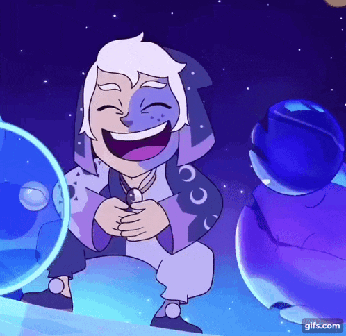 a cartoon character is laughing in front of a blue background