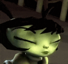 a close up of a cartoon character with her eyes closed .
