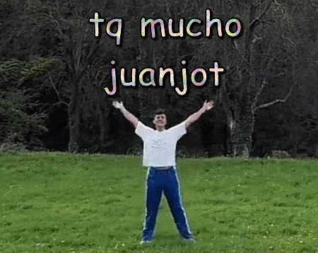 a man standing in a grassy field with his arms outstretched and the words tq mucho juanjot written above him