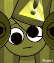 a close up of a cartoon character with a triangle on his hat and glasses .