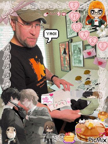 a man with a yaoi speech bubble in a collage
