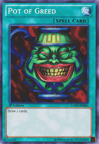 a card that says pot of greed with a smiling face on it