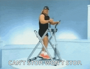 a man is walking on an elliptical machine and saying `` can 't stop , won 't stop . ''