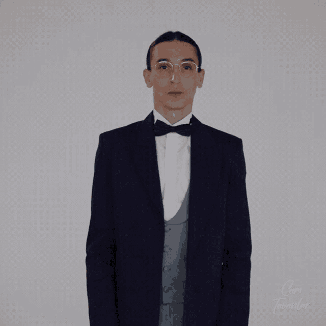 a man wearing a tuxedo and bow tie is standing in front of a white wall with the words cam tavanlar on the bottom