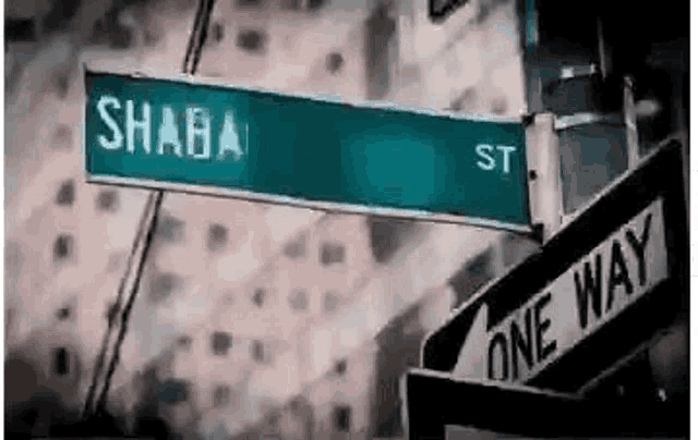 a street sign for shaba st and one way is on a pole .