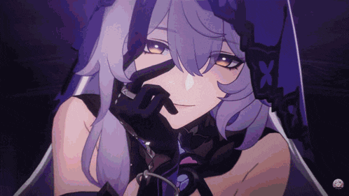 a girl with purple hair and yellow eyes is wearing a veil and gloves .