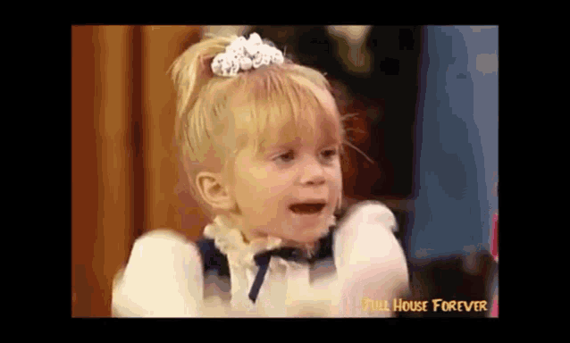 a little girl with a bow in her hair is on a full house forever advertisement