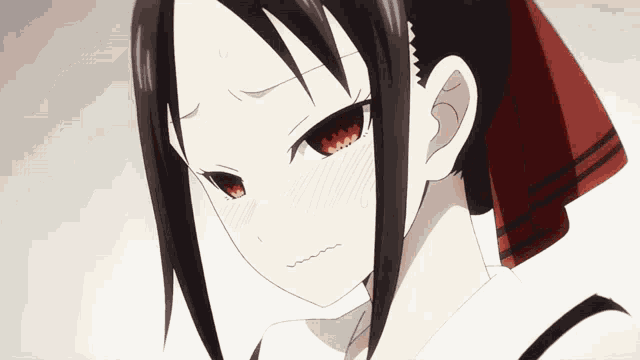 a close up of an anime girl with red eyes