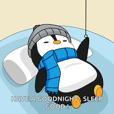a penguin wearing a scarf and hat is laying on a pillow with the words have a goodnight sleep good