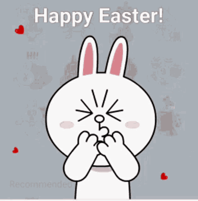 a happy easter greeting card with a bunny surrounded by hearts