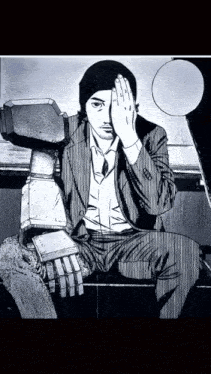 a black and white drawing of a man with a robot arm covering his face