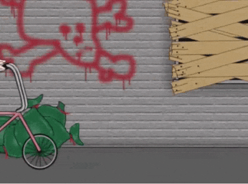a cartoon of a man riding a bike with a bag of money in the background