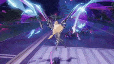 a video game character is flying through the air with purple and blue lights behind her