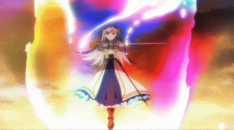 a girl in a white dress is standing in front of a colorful background holding a sword .