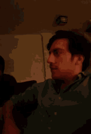 a man in a green polo shirt is sitting on a couch