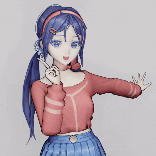 a 3d model of a girl with blue hair and a ponytail