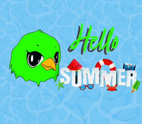 a green bird is peeking out from behind a wall with the words hello summer