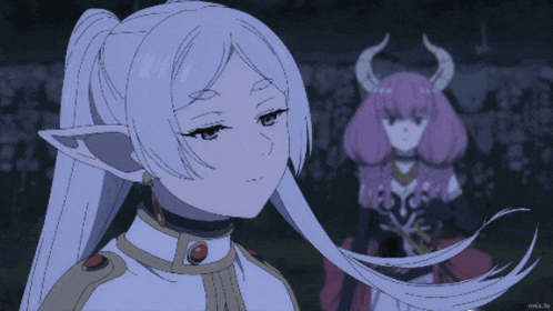 a girl with horns is standing next to another girl who says true