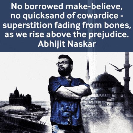 a man with his arms crossed stands in front of a mosque with a quote by abhijit naskar