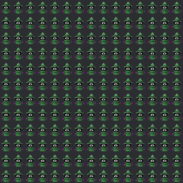 a repeating pattern of green cartoon characters with purple eyes
