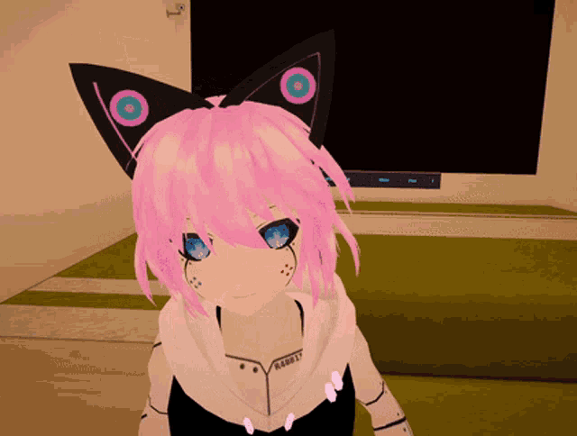 a girl with pink hair has a tattoo that says rabbit on her neck