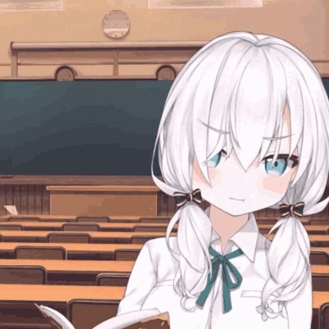 a girl with white hair and blue eyes is standing in a classroom