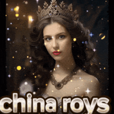 a woman wearing a tiara and a necklace with the words china roys behind her