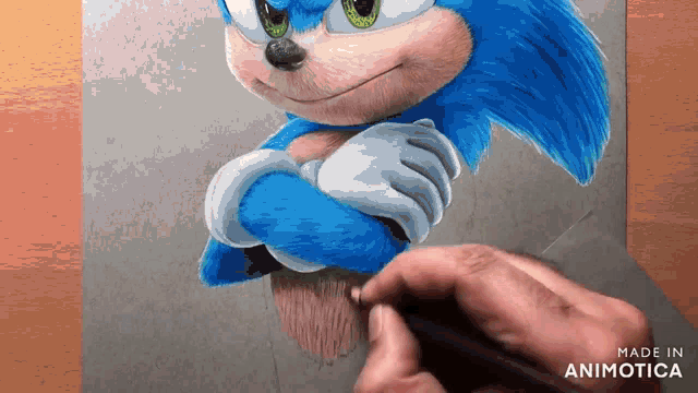 a person is drawing sonic the hedgehog with a pencil on a piece of paper