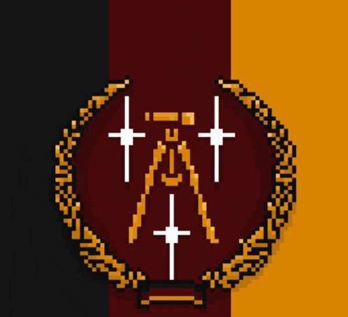 a pixel art emblem with a tripod and two crosses in a wreath
