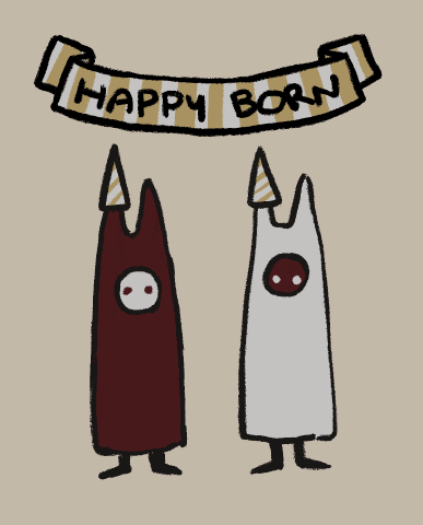 two cartoon characters are standing under a happy born banner